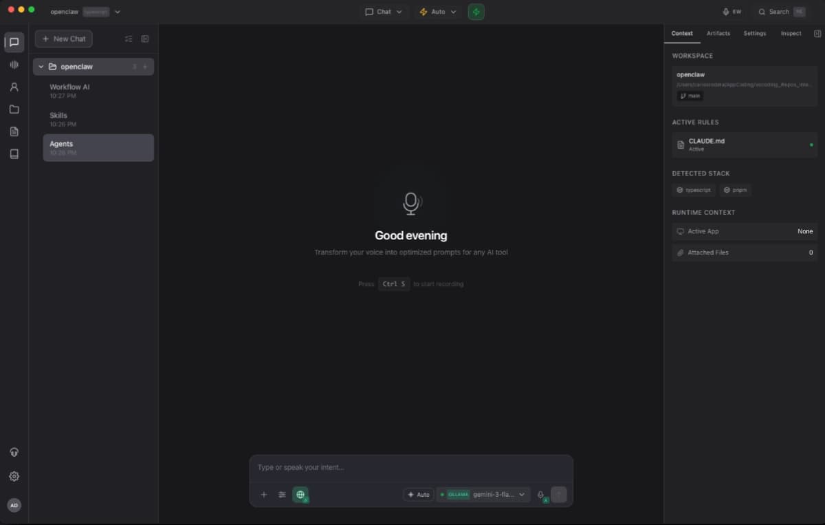 Vocoding Chat Mode interface showing an interactive conversation with a specialized AI agent