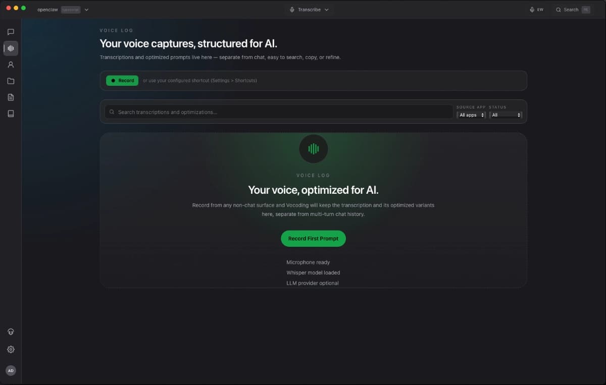 Vocoding Voice Log Mode interface showing voice-driven expert output generation